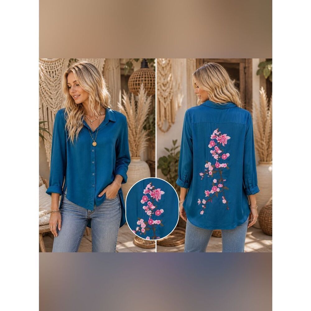 Boho Chic Soft Surroundings Teal Button-Down Shirt with Pink Floral Embroidery